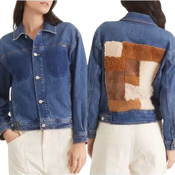 MOTHER NWOT Back Road Sherpa Patchwork Denim Jacket dark wash Running w Scissors